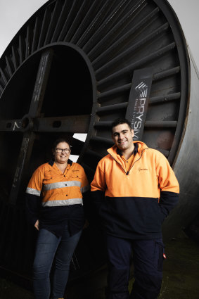 Sara Church and Baxter Howard, construction workers from Acciona Mortlake South Wind Farm,  both grew up in the south-west region. 