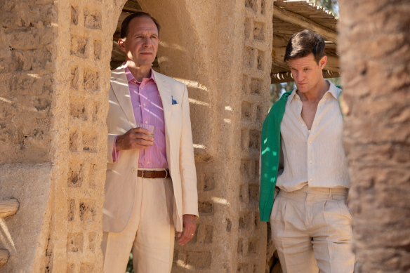 Ralph Fiennes as David Henninger and Matt Smith as Richard Galloway in The Forgiven.