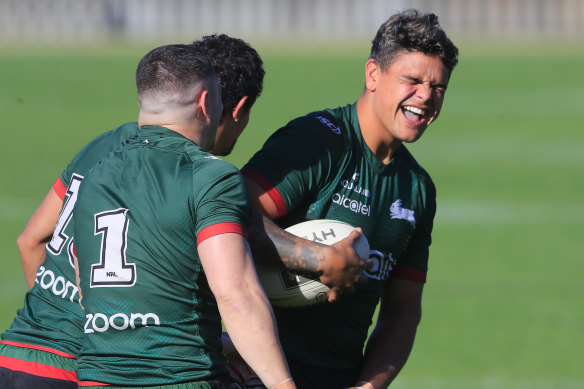Did you hear the one about the Roosters wanting to three-peat? Latrell Mitchell shares a laugh.