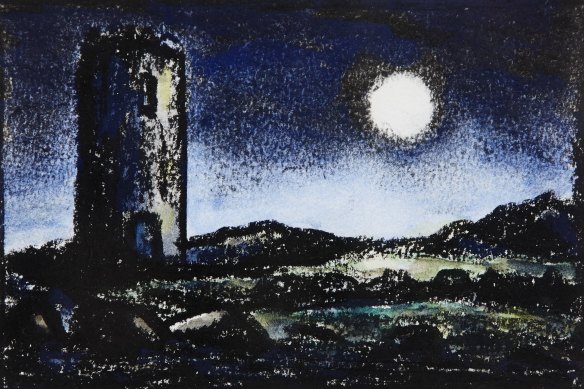 Peter Booth, Untitled [tower with moon] (1998).