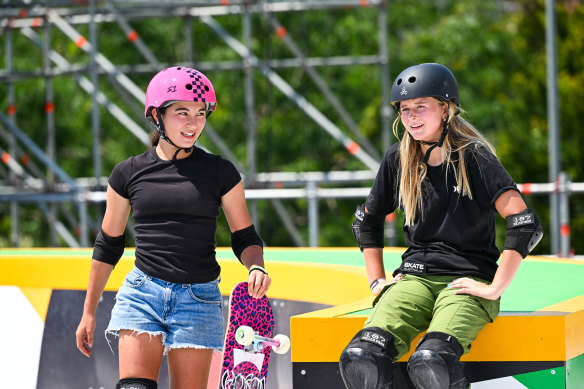 Australia’s Arisa Trew, 14, and Ruby Trew, 15, (no relation) before they competed in the park skateboard event.