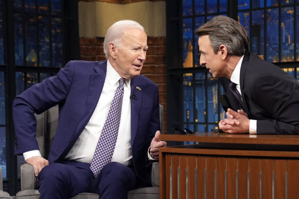 ‘That’s confidential!’: US President Joe Biden jokes with Seth Meyers during the taping of the late night show.