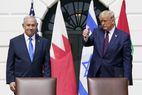 Israeli Prime Minister Benjamin Netanyahu and former US president Donald Trump at the White House in 2020.