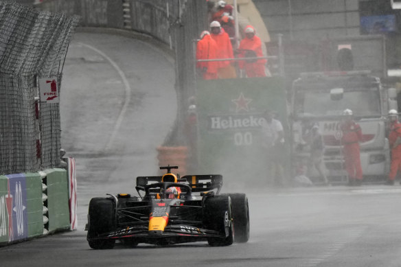 Red Bull’s Max Verstappen negotiates the wet track at Monaco.