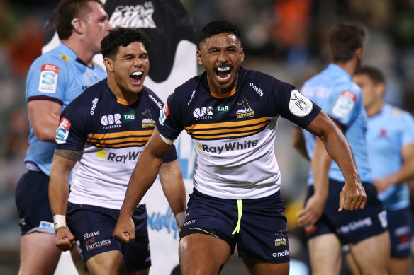 Irae Simone celebrates a try for the Brumbies against the Waratahs.