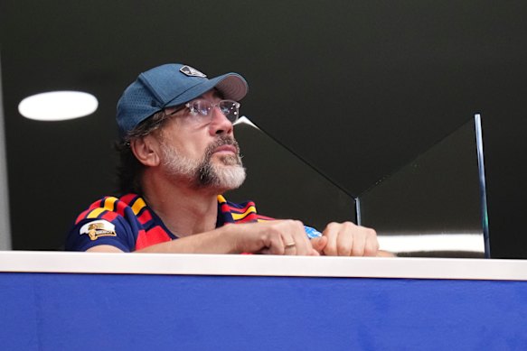 Spanish actor Javier Bardem anxiously watches the France v Spain semi-final in Texas.