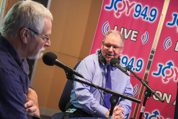 With former lord mayor Robert Doyle at a guest appearance on Joy FM in 2015.