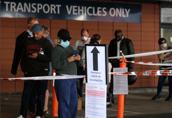 The line for coronavirus testing at Royal Melbourne Hospital earlier this month. 