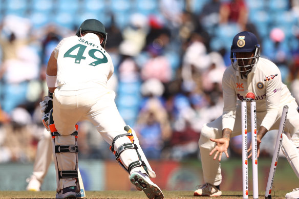 Steve Smith is knocked over by India’s Ravindra Jadeja for 37.