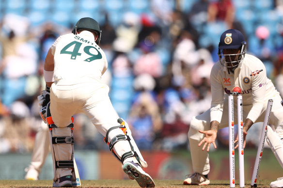 Steve Smith is knocked over by Ravindra Jadeja in the Nagpur Test.