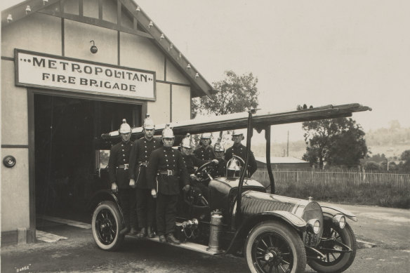 Officers and men of the Metropolitan Fire Brigade at the old Ringwood Fire Station in 1929.