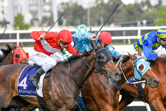 Ben Melham rides Sacramento to victory in the VRC St Leger at Flemington on ANZAC Day. 
