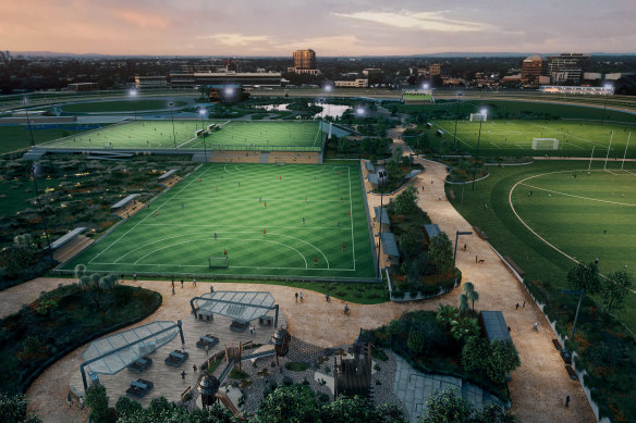 An artist’s impression of the proposed Caulfield Racecourse redevelopment.