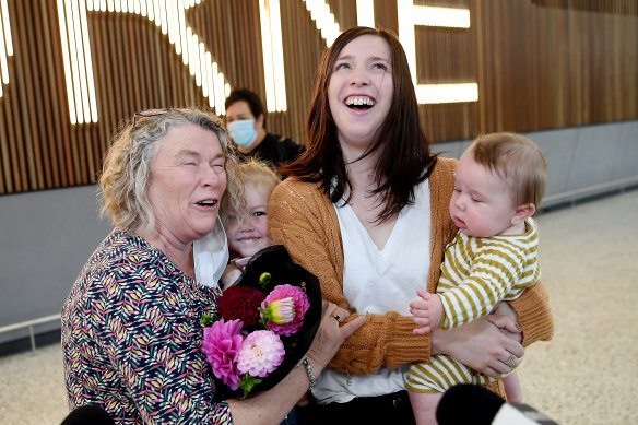 Christina Cassin meets her new grandson Wolfe Rodgers, with her daughter Stacey and granddaughter Peyton. 