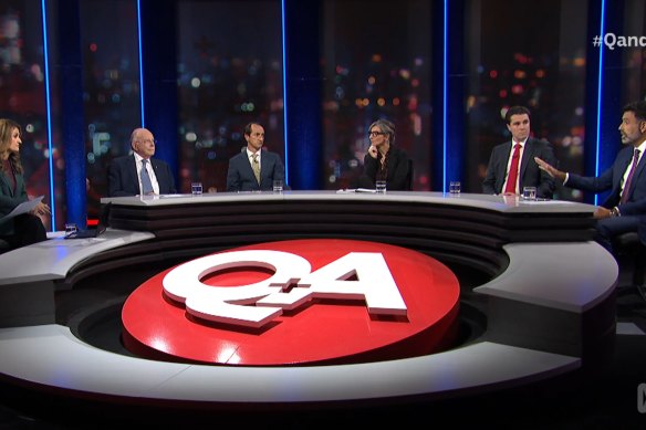 Patricia Karvelas with the Q+A panel last Monday night (from left): Mark Leibler, Dave Sharma, Francesca Albanese, Tim Watts and Nasser Mashni.