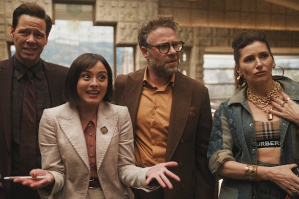 Ike Barinholtz, Chase Sui Wonders, Seth Rogen and Kathryn Hahn in The Studio.