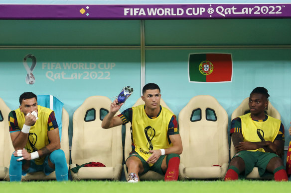 Cristiano Ronaldo (centre) on the bench for Portugal.