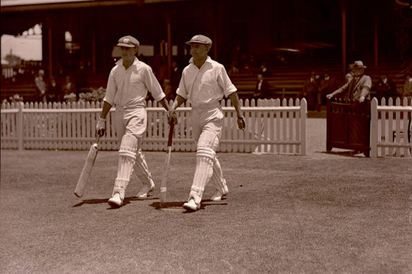 Don Bradman and Stan McCabe going out to bat at the SCG against Queensland in a Sheffield Shield match on January 6, 1930. Bradman made 452.