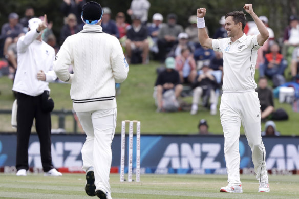 New Zealand's Trent Boult celebrates after dismissing India's Rishabh Pant.