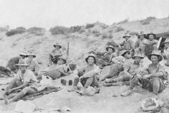  Men of the 7th Australian Light Horse Regiment, resting in the sand near Asluj the jumping off point for the Battle of Beersheba. 