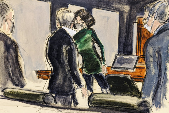 In this courtroom sketch, Ghislaine Maxwell, in green, speaks to her lawyer Bobbi Sternheim, before being escorted to a jail cell by the US Marshals. She’ll have to wait until net week tolearn her fate.
