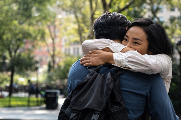 Greta Lee and Teo Yoo in Past Lives.