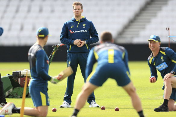Steve Smith, centre, attends a nets session at Headingley in Leeds.