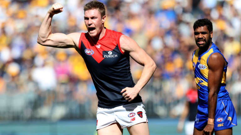 Pumped: Demon Tom McDonald celebrates after kicking a goal during the round 22 clash at Optus Stadium.
