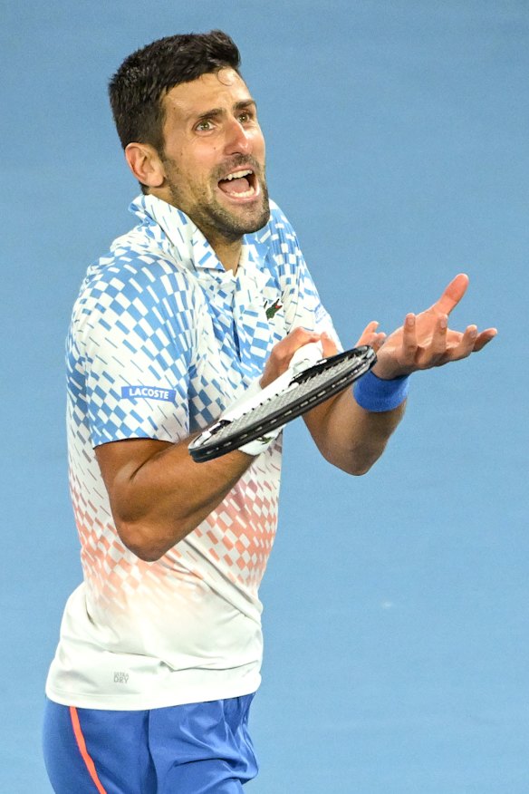 An animated Novak Djokovic on his way to another straight-sets victory at Melbourne Park.