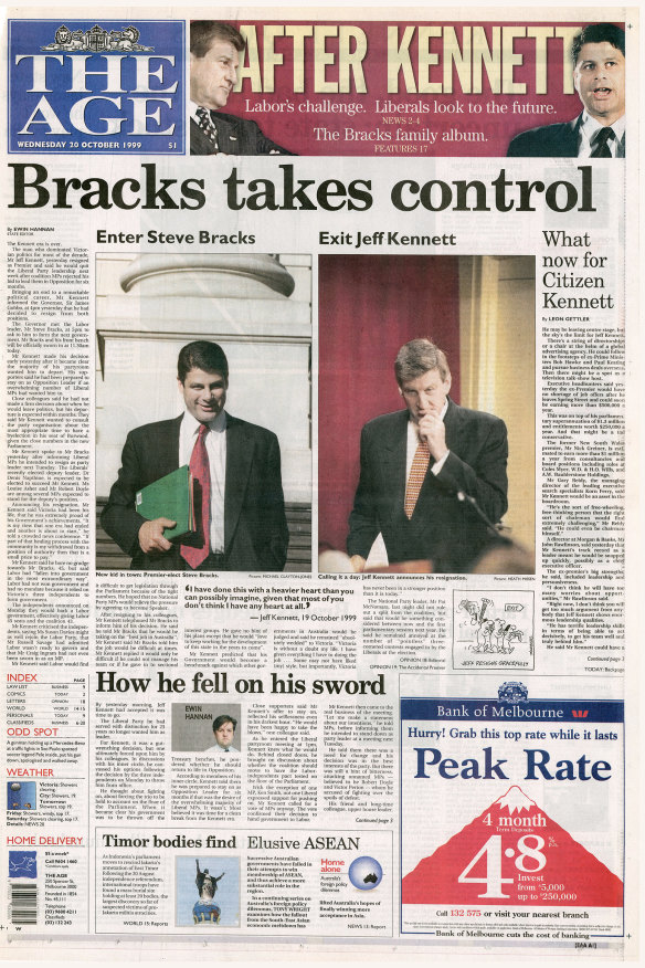 The Age front page from October 20, 1999, shows the changing of the guard in Spring Street.