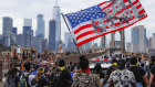 Protesters march on the Brooklyn Bridge in 2020.