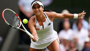 LONDON, ENGLAND - JULY 03: Heather Watson of Great Britain plays a forehand against Jule Niemeier of Germany during their Women’s Singles Fourth Round match on day seven of The Championships Wimbledon 2022 at All England Lawn Tennis and Croquet Club on July 03, 2022 in London, England. (Photo by Ryan Pierse/Getty Images)