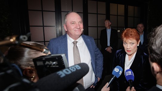 Pauline Hanson and Barnaby Joyce outside a fundraising event on Friday night.