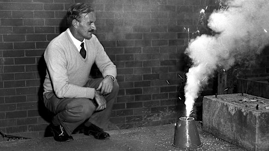 Mr R. Welch, testing fireworks in Sydney on 18 May 1961. 