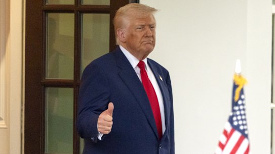 President Donald Trump gives a thumbs-up as Israel's Prime Minister Benjamin Netanyahu leaves the West Wing of the White House, Monday, April 7, 2025, in Washington. (AP Photo/Mark Schiefelbein)