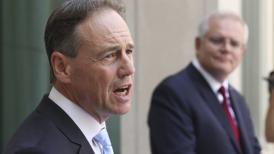 Minister for Health and Aged Care Greg Hunt and Prime Minister Scott Morrison during a press conference at Parliament House in Canberra on  Thursday 4 February 2021.