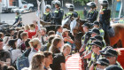 Protesters approach police lines outside the International Mining and Resources Conference in Melbourne last week