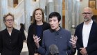 Business Council of Australia chief executive Jennifer Westacott addresses the media, watched by ACTU secretary Sally McManus (left), ACTU president Michele O’Neil and BCA president Tim Reed.