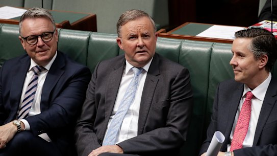 Joel Fitzgibbon, left, says jobs are more important than interim carbon targets, while Labor Leader Anthony Albanese and environment spokesman Mark Butler prepare to announce Labor's 2030 target.