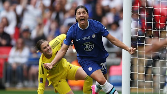 : Sam Kerr of Chelsea celebrates after scoring the team’s first goal as Mary Earps of Manchester United reacts during the Vitality Women’s FA Cup Final between Chelsea FC and Manchester United at Wembley Stadium on May 14, 2023 in London, England. (Photo by Eddie Keogh - The FA/The FA via Getty Images)