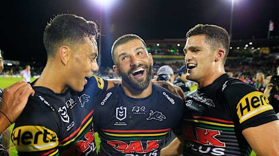 Penrith's Josh Mansour (centre) is one player quite happy to stay at his club for less than he could earn elsewhere.