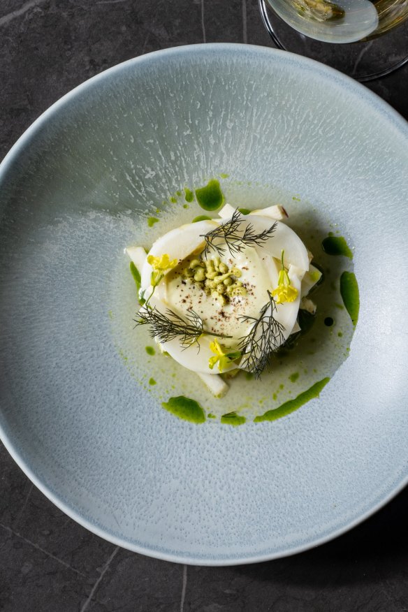 Baby turnip, green garlic and horseradish. 
