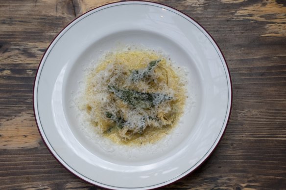 Potato-filled agnolotti with nutmeg, sage and a shower of cheese.