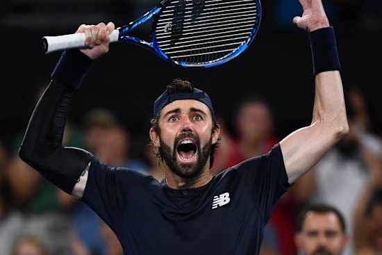 Jordan Thompson celebrates his quarter-final win against Rafael Nadal in Brisbane last year.
