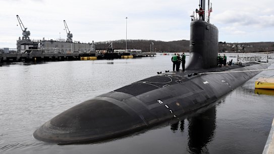 The Virginia-class attack submarine USS Delaware (SSN 791) is pierside at Naval Submarine Base New London. 