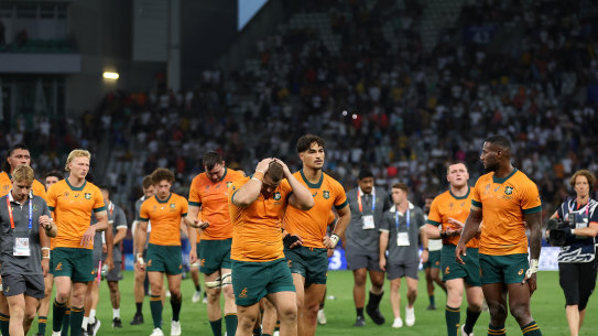 The Wallabies were dejected after losing to Fiji in Saint-Etienne.