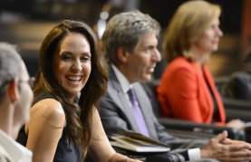 The panel of the TV show <i>Shark Tank</i> prepare to grill another potential entrepreneur.