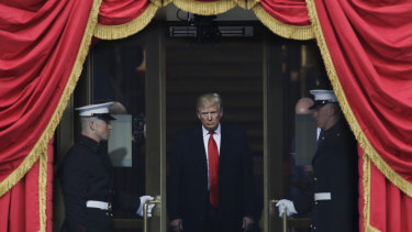 President-elect Donald Trump steps out to the portico to be sworn in as 45th president of the United States on January 20, 2017. 