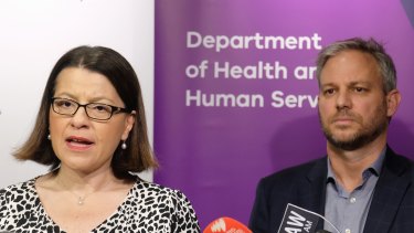 Victorian Health Minister Jenny Mikakos  and Brett Sutton give an update on the coronavirus during a press conference in Melbourne.