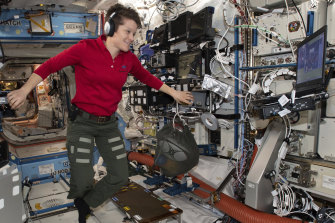 Astronaut Anne McClain looks at a laptop inside the US Destiny laboratory module of the International Space Station. 